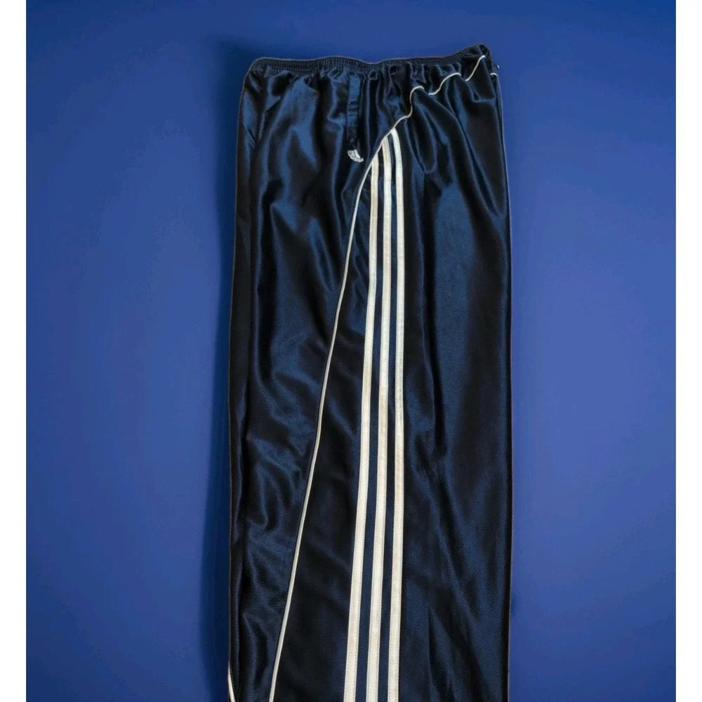 Y2K Adidas Shiny Loose Track Pants Mens 2XL Blue Elastic Waist 3 Stripe Pockets